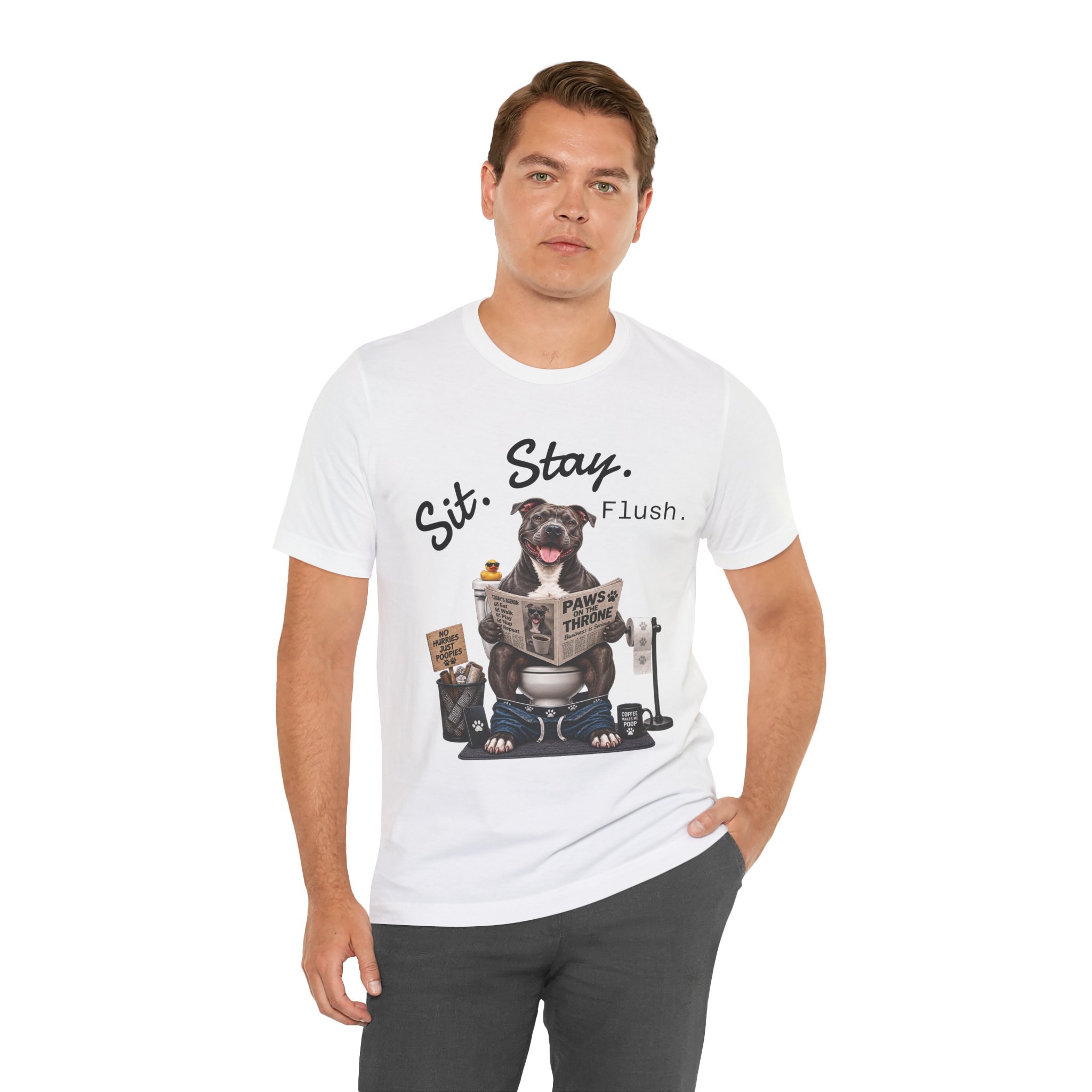Sit Stay Flush dog on toilet Tee | Funny Paws & Thrones bathroom design - Image 13