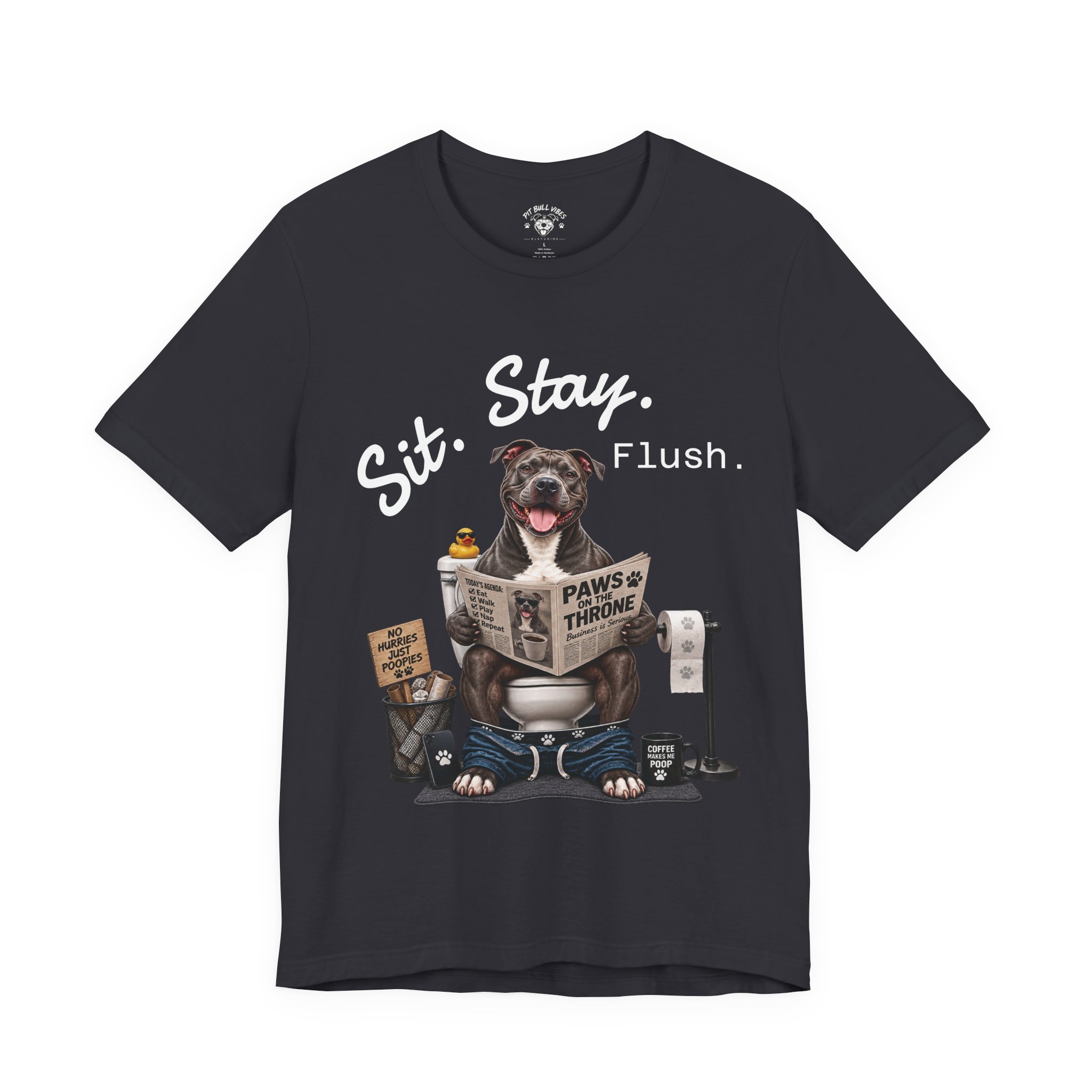 Sit Stay Flush dog on toilet Tee | Funny Paws & Thrones bathroom design - Image 17