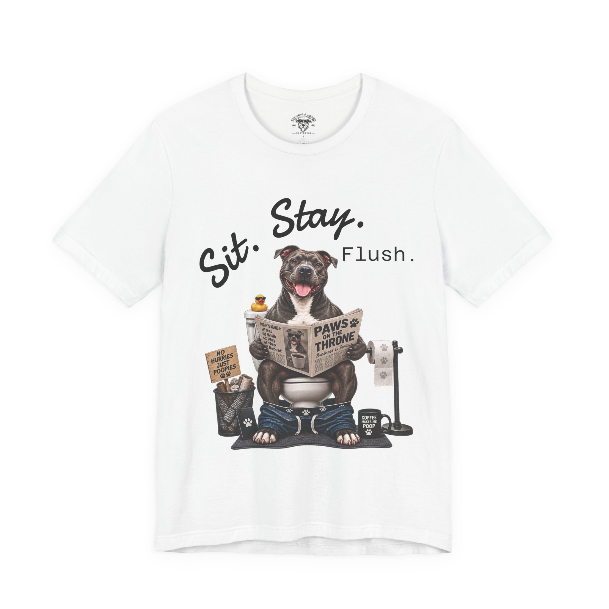 Sit Stay Flush dog on toilet Tee | Funny Paws & Thrones bathroom design - Image 9