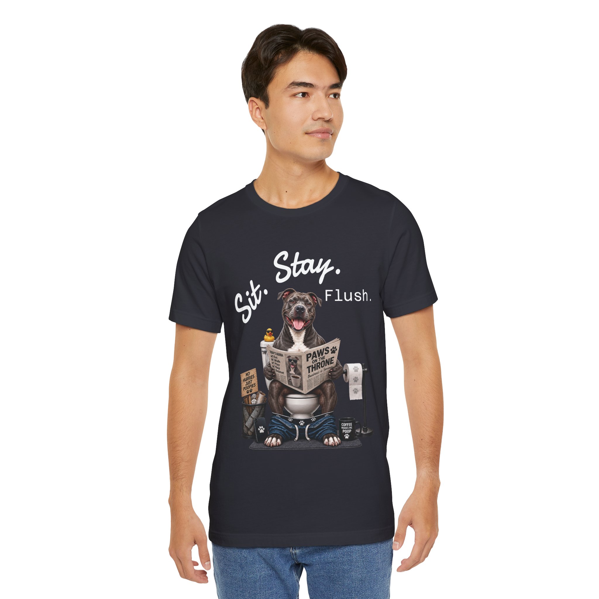 Sit Stay Flush dog on toilet Tee | Funny Paws & Thrones bathroom design - Image 22