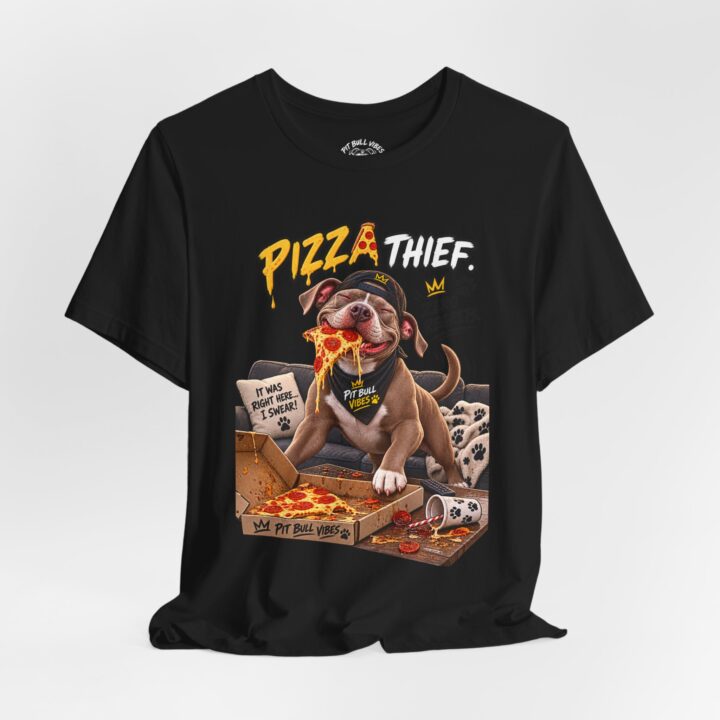 Pizza Thief T‑Shirt — Cute Dog Eating Pizza “Zero Regrets” Graphic Tee