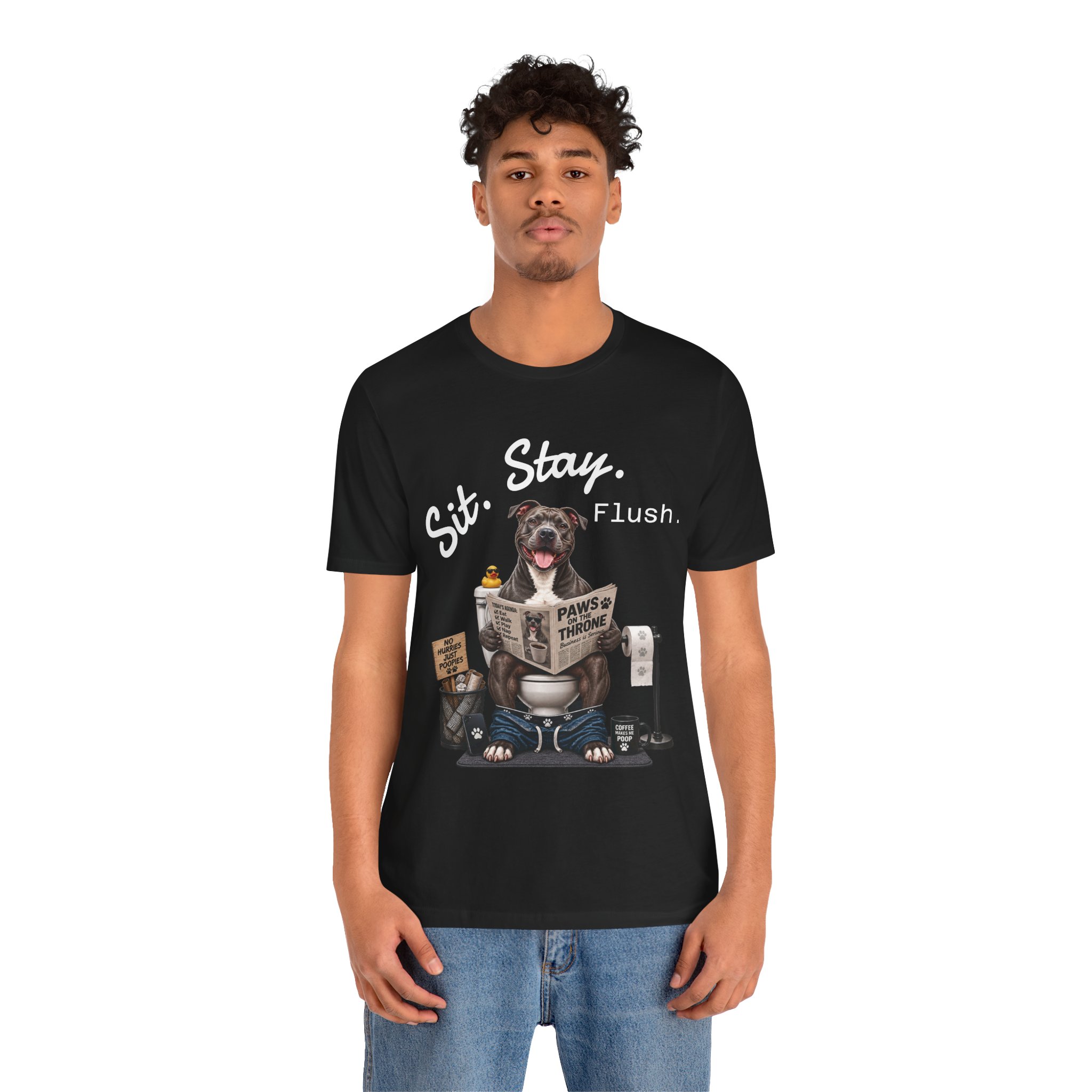 Sit Stay Flush dog on toilet Tee | Funny Paws & Thrones bathroom design - Image 6