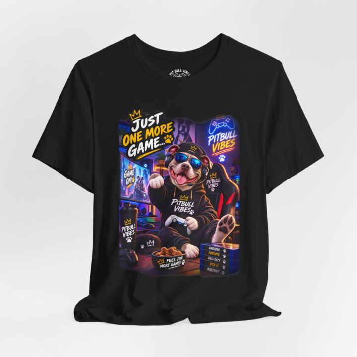 Pitbull Gamer Tee – "Just One More Game" Retro Arcade Dog T-Shirt