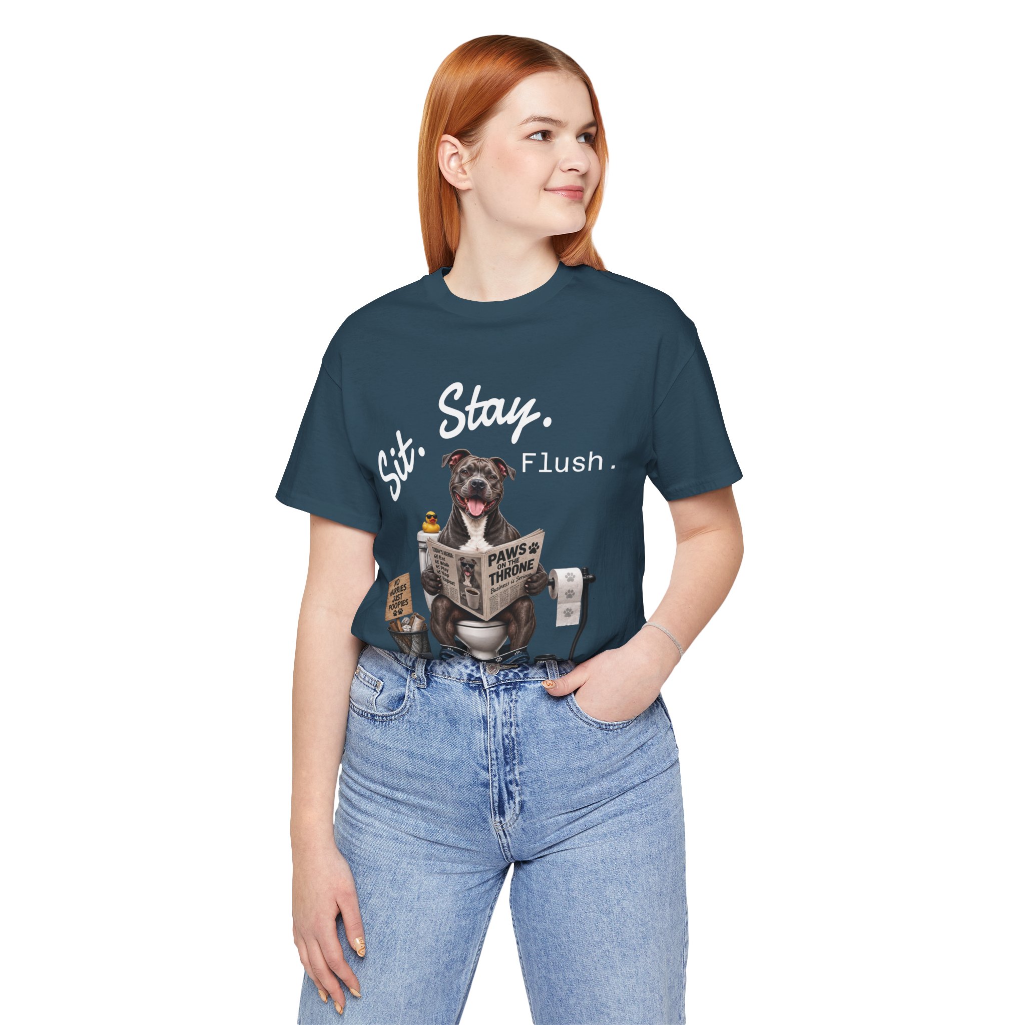 Sit Stay Flush dog on toilet Tee | Funny Paws & Thrones bathroom design - Image 31