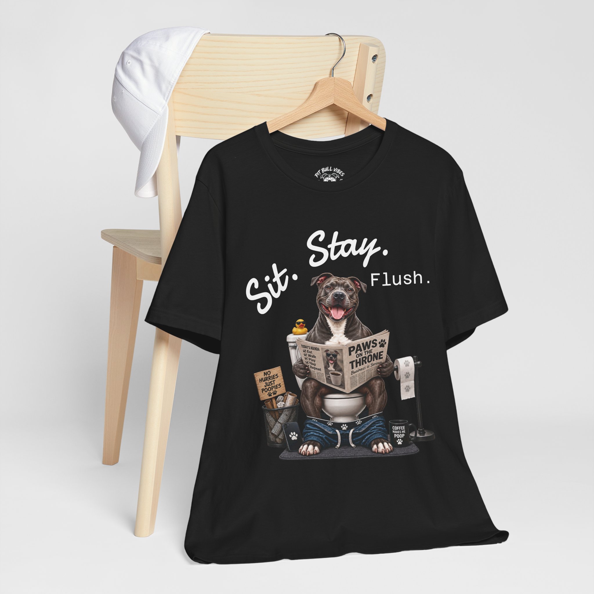 Sit Stay Flush dog on toilet Tee | Funny Paws & Thrones bathroom design - Image 5