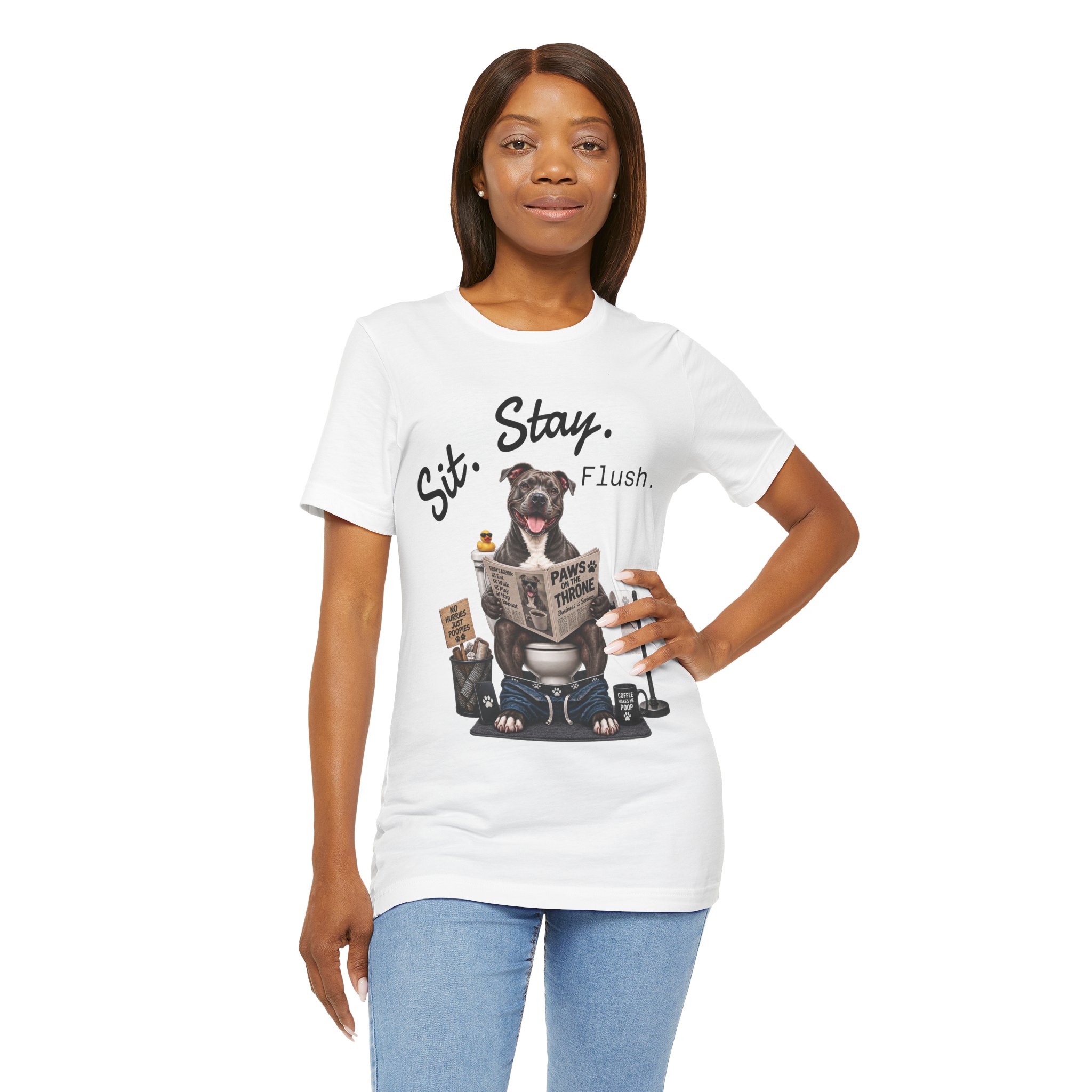 Sit Stay Flush dog on toilet Tee | Funny Paws & Thrones bathroom design - Image 15