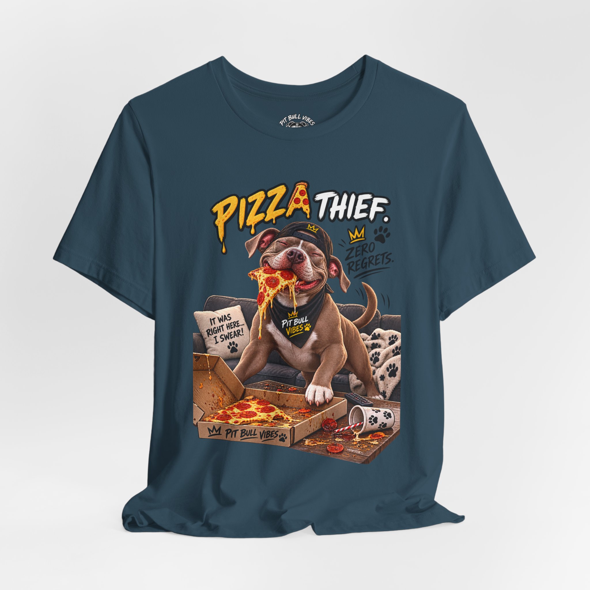Pizza Thief T‑Shirt — Cute Dog Eating Pizza “Zero Regrets” Graphic Tee - Image 24
