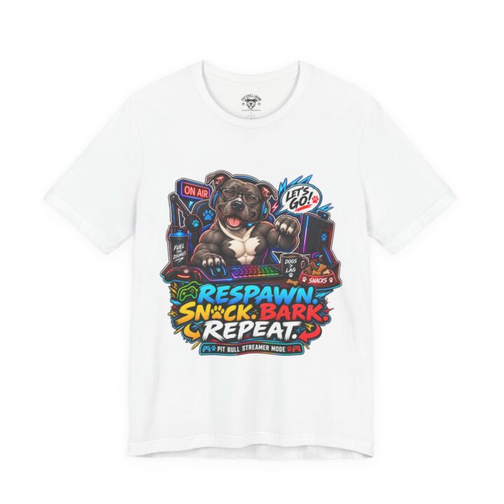 Gaming Dog T-Shirt — "Respawn Snack Bark Repeat" Graphic Tee