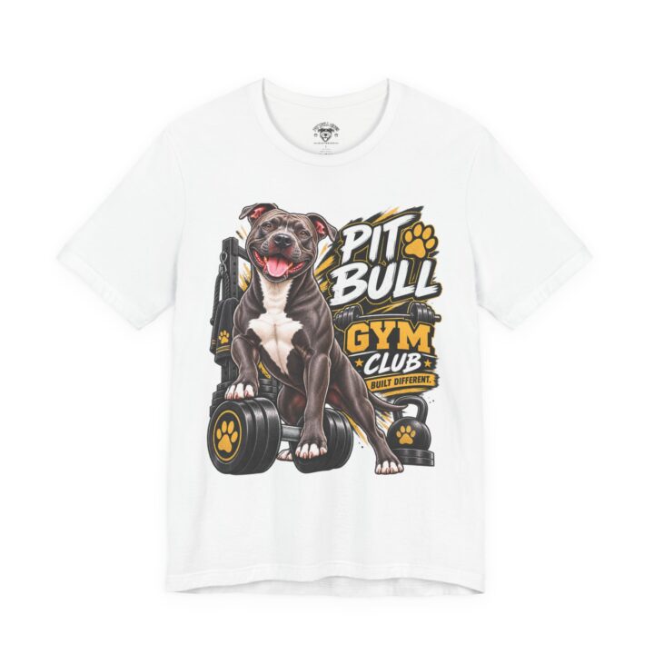 Pit Bull Gym Club T-Shirt — Cute Pitbull Lifting Weights Tee