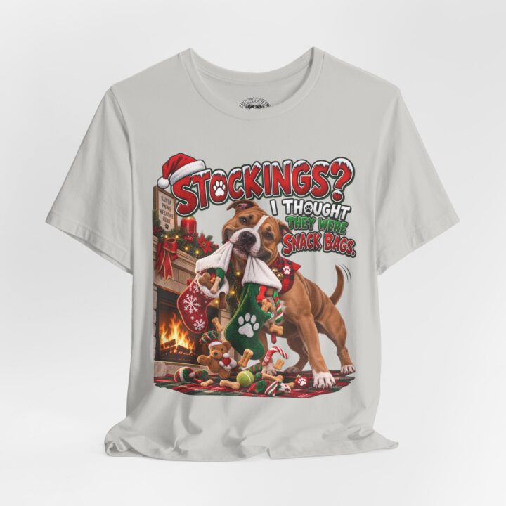 Christmas Dog T‑Shirt — “Stockings? I Thought They Were Bones” Cute Holiday Pitbull Tee