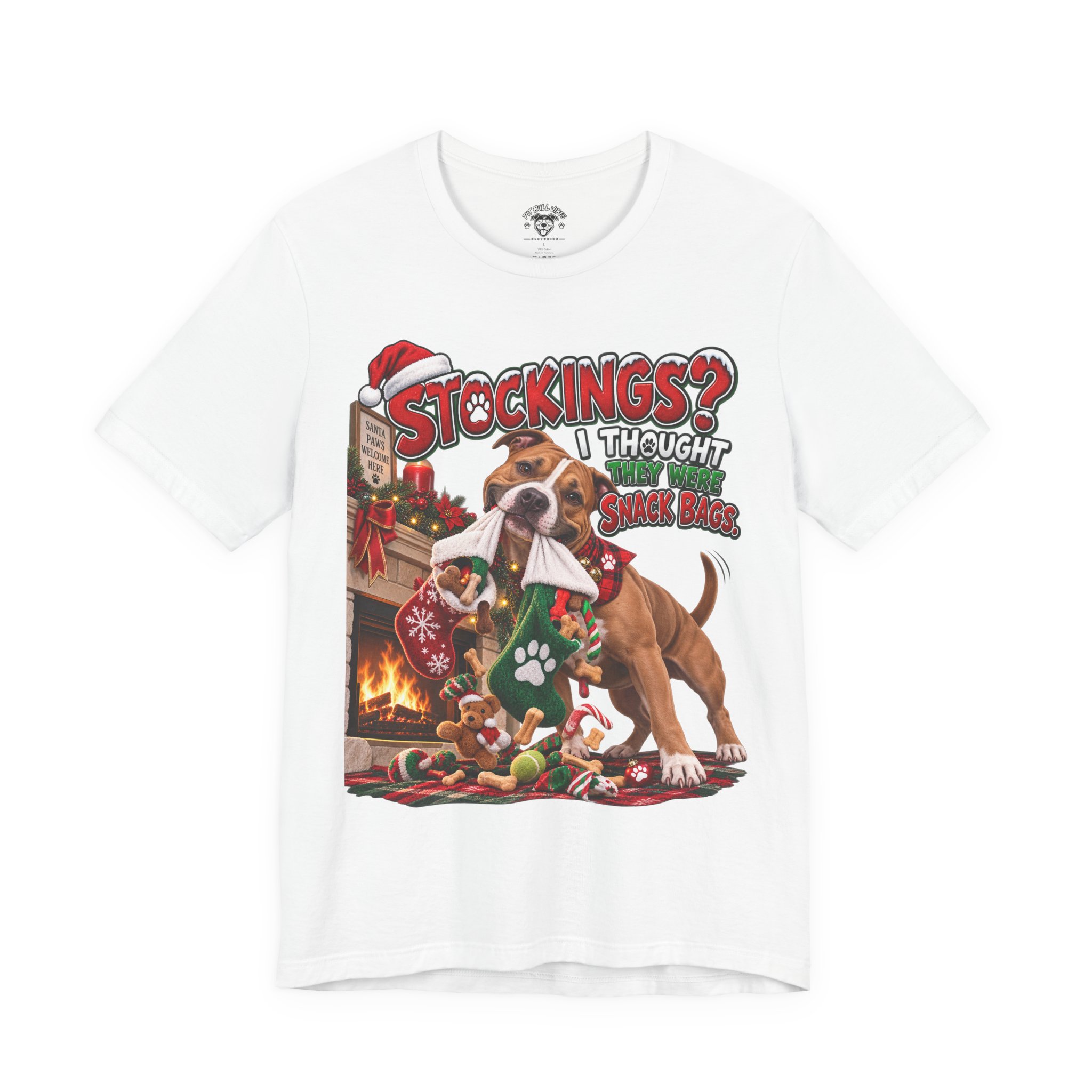 Christmas Dog T‑Shirt — “Stockings? I Thought They Were Bones” Cute Holiday Pitbull Tee - Image 6