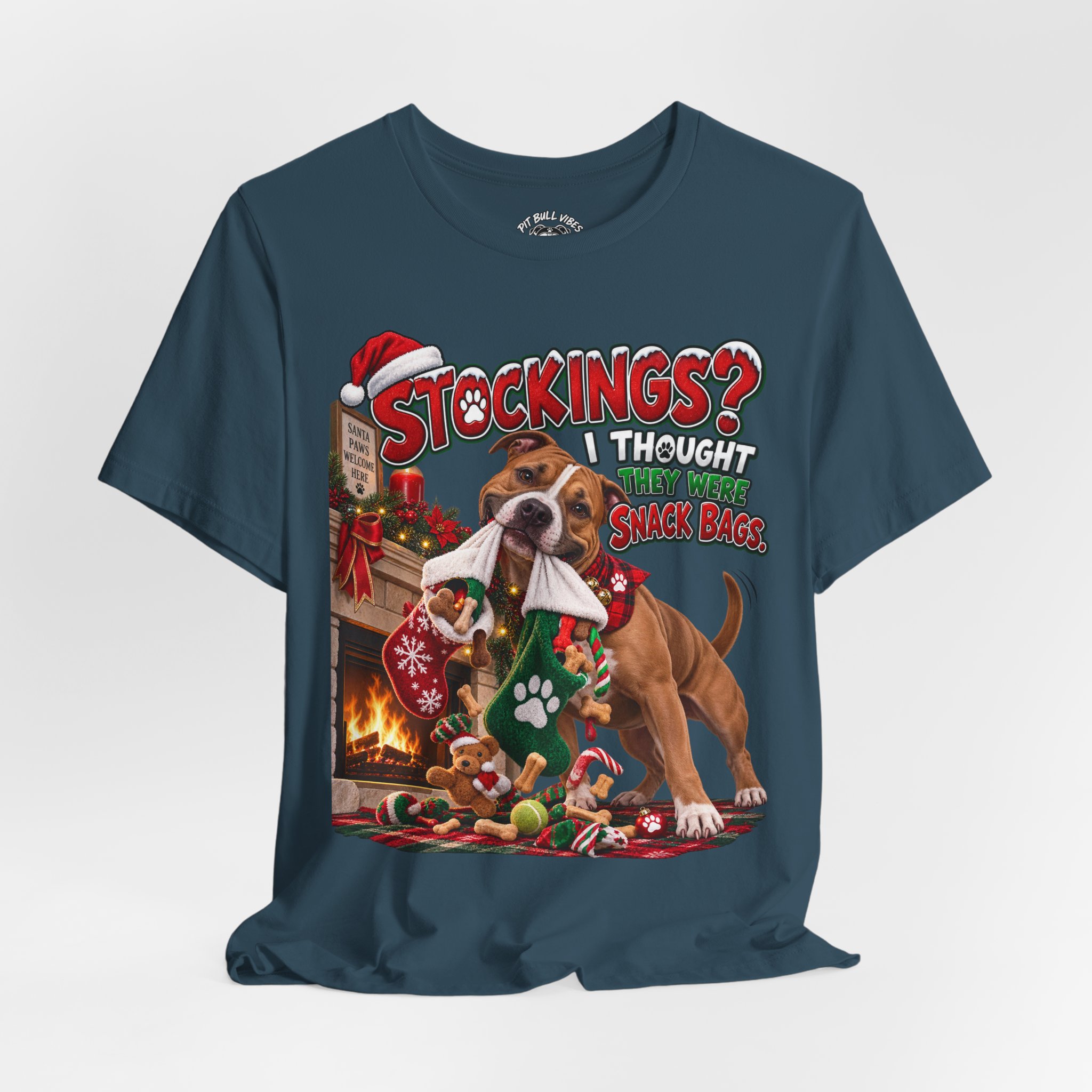 Christmas Dog T‑Shirt — “Stockings? I Thought They Were Bones” Cute Holiday Pitbull Tee - Image 24
