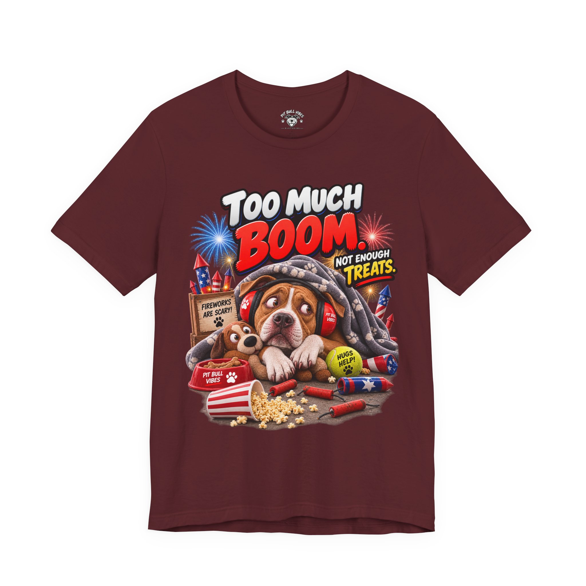 Too Much Boom Dog T-Shirt — Funny Patriotic Fireworks Rescue Pup Tee - Image 29