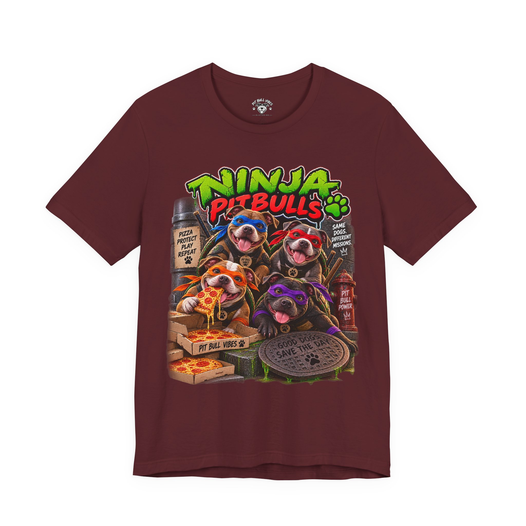 Ninja Pitbulls Graphic Tee — Cute Pitbull Dogs Street Art T-Shirt - Image 2