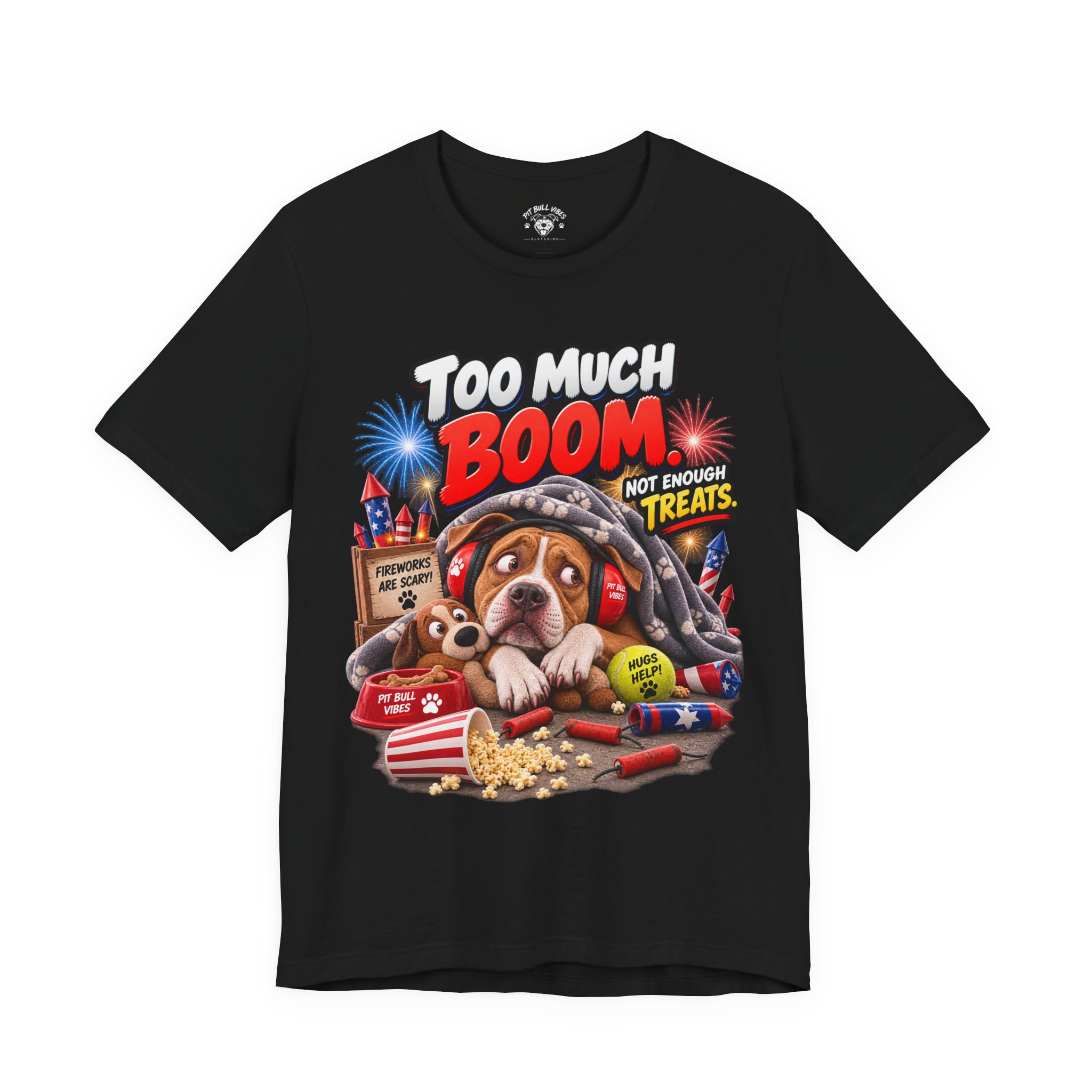 Too Much Boom Dog T-Shirt — Funny Patriotic Fireworks Rescue Pup Tee - Image 2