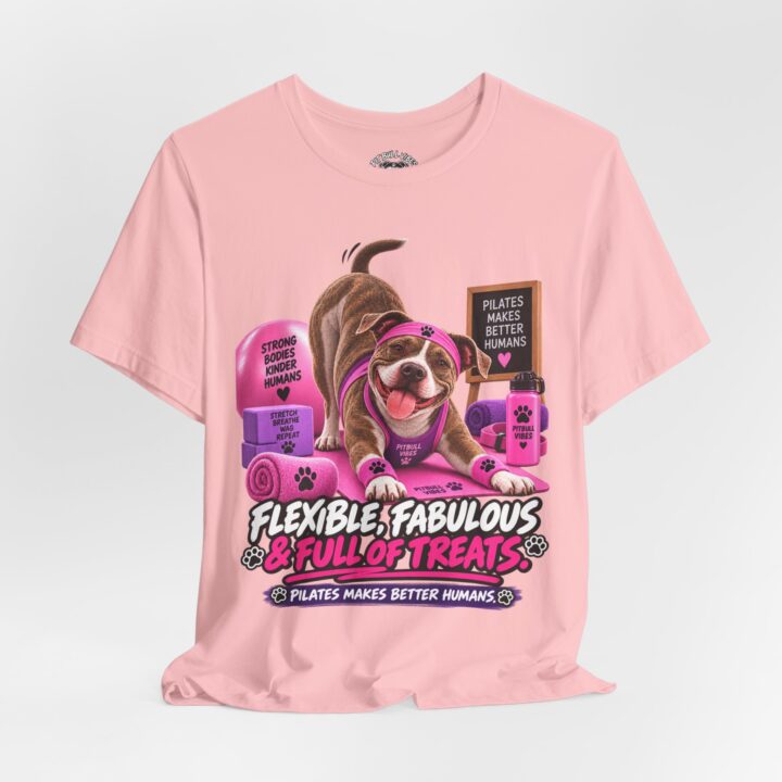 Dog Pilates T-Shirt — "Flexible, Fabulous & Full of Treats" Cute Bulldog Yoga Tee