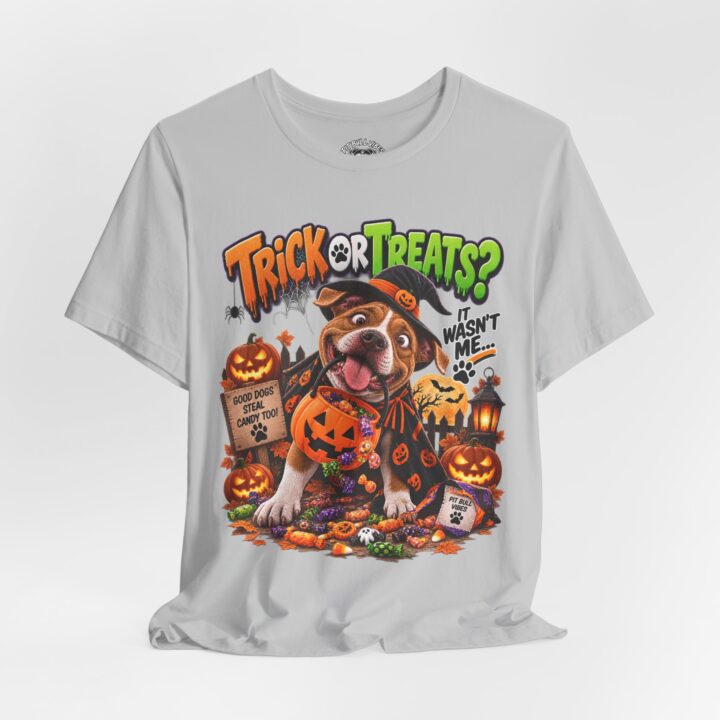 Trick or Treats? Halloween Dog T‑Shirt — Cute Pitbull Pumpkin Costume Tee