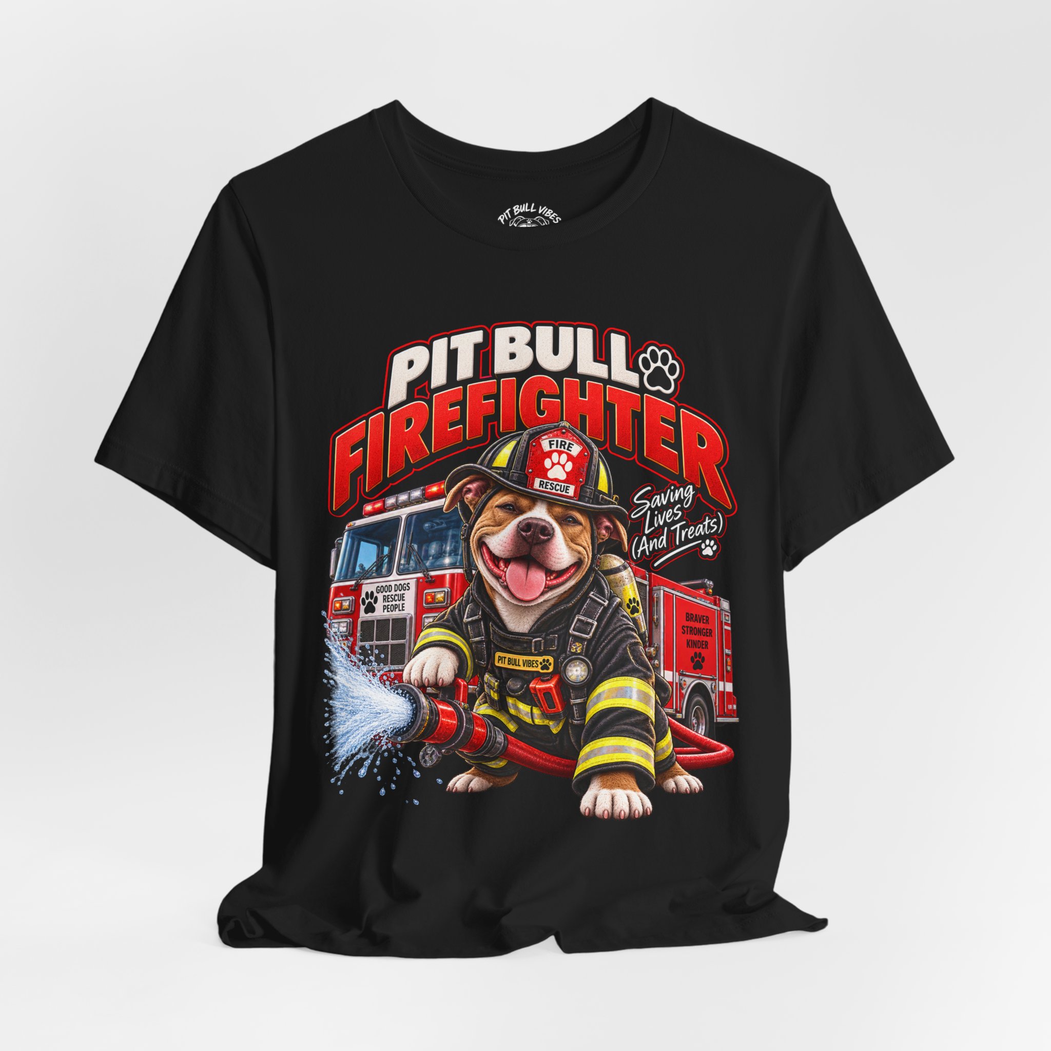 Pitbull Firefighter T-Shirt – Cute Firehouse Dog Tee for Firefighters & Dog Lovers
