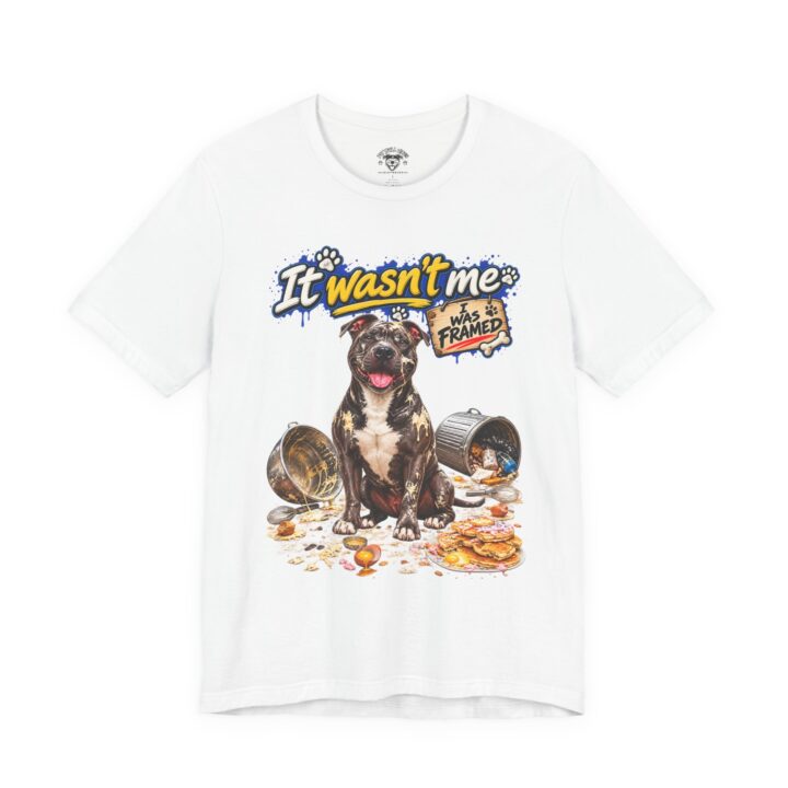 Dog T-Shirt — “It Wasn’t Me, I Was Framed” Funny Pitbull Tee