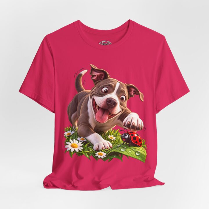 Happy Puppy Tee — Playful PitBull Dog Graphic T-Shirt with Daisies & Ladybug