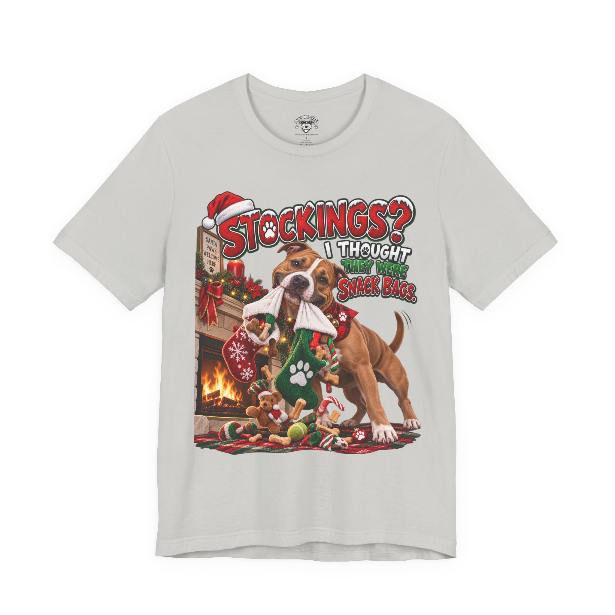 Christmas Dog T‑Shirt — “Stockings? I Thought They Were Bones” Cute Holiday Pitbull Tee - Image 2
