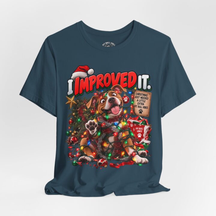 Holiday Dog T‑Shirt “I Improved It” Christmas Puppy Tee