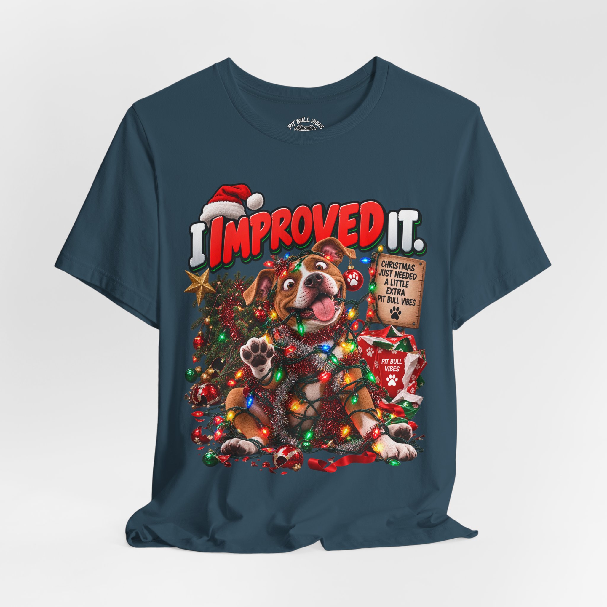Holiday Dog T‑Shirt “I Improved It” Christmas Puppy Tee