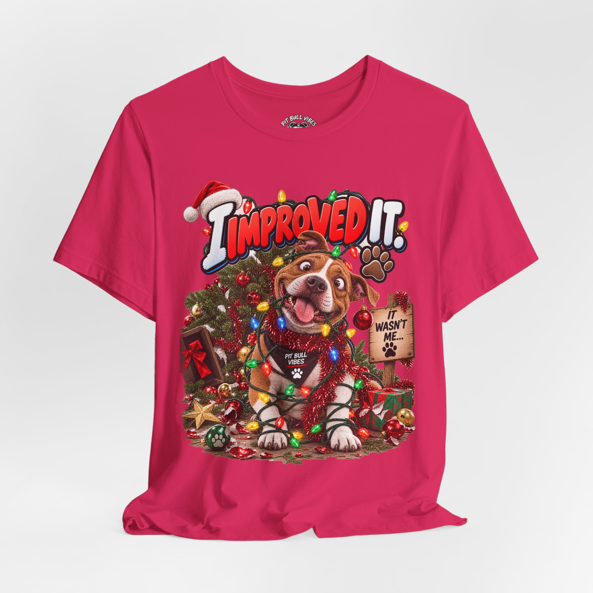 Christmas Dog T‑Shirt – "I Improved It" Funny Holiday Pet Tee
