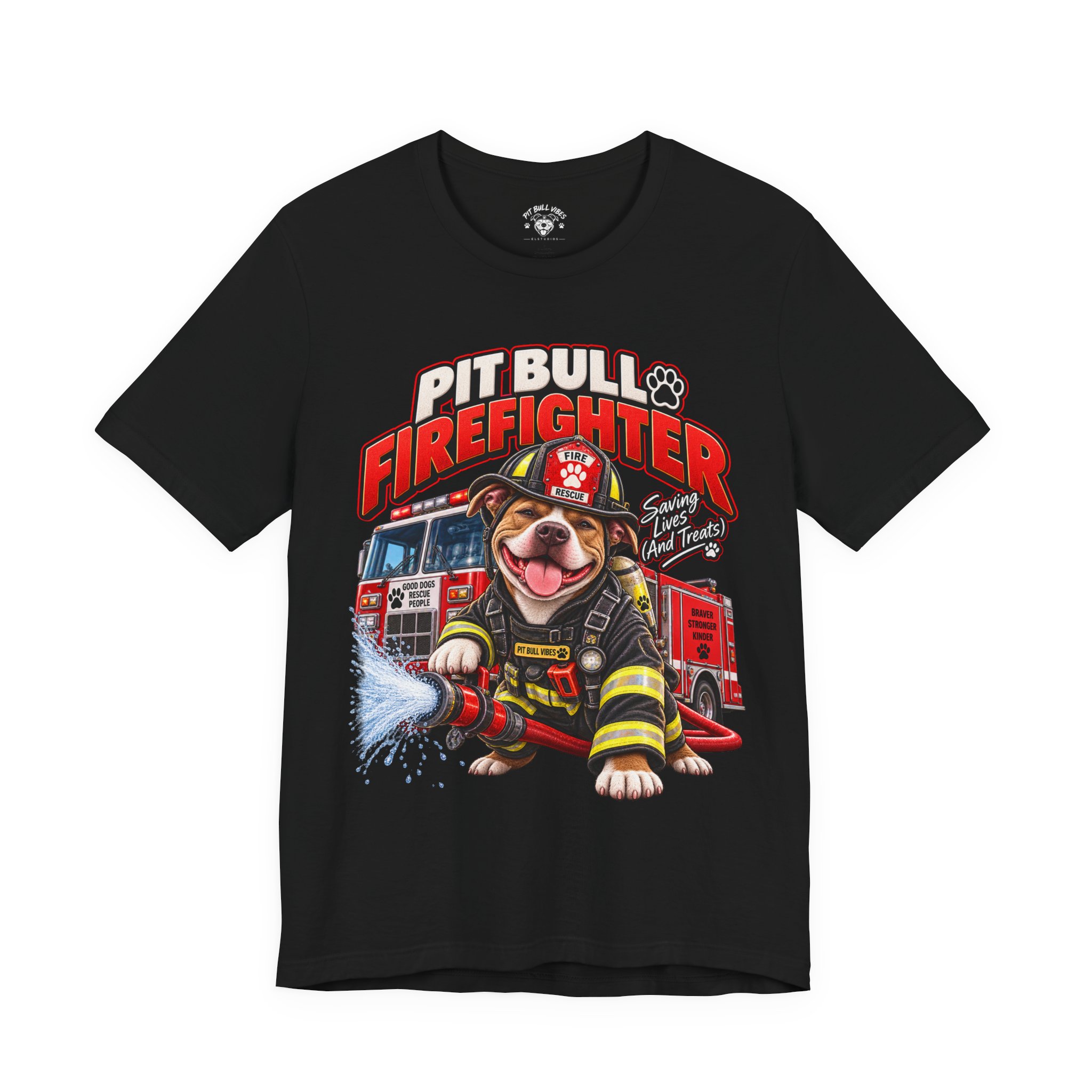 Pitbull Firefighter T-Shirt – Cute Firehouse Dog Tee for Firefighters & Dog Lovers - Image 2
