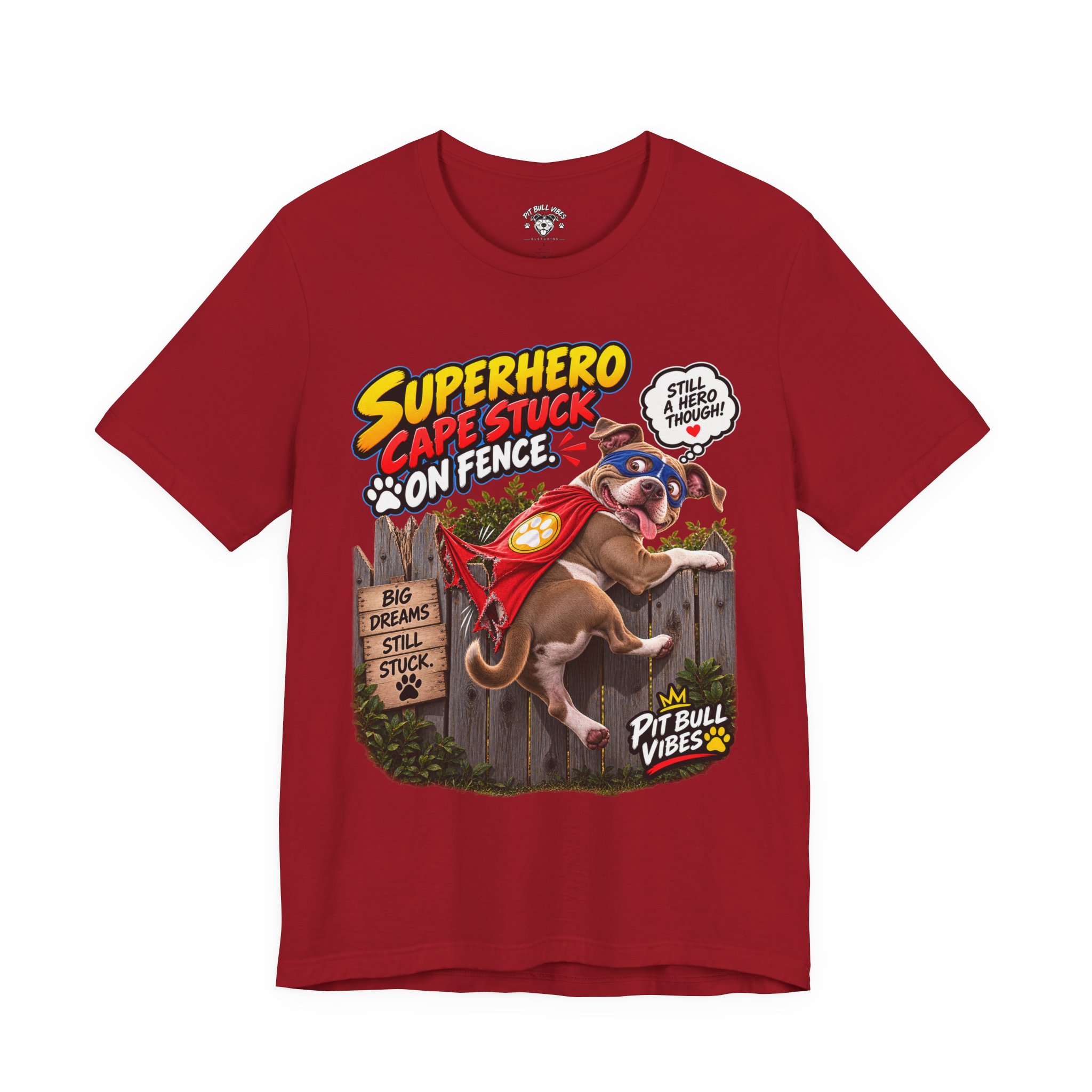 Superhero Cape Stuck on Fence Pit Bull T-Shirt – Funny Pitbull Rescue Graphic Tee - Image 37