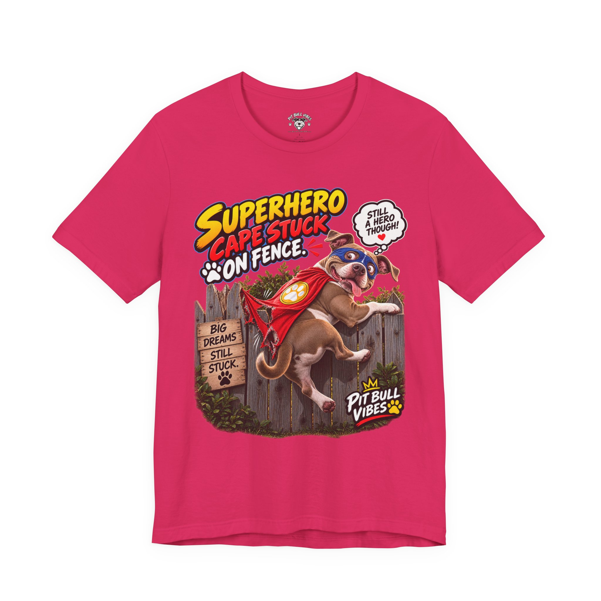 Superhero Cape Stuck on Fence Pit Bull T-Shirt – Funny Pitbull Rescue Graphic Tee - Image 25