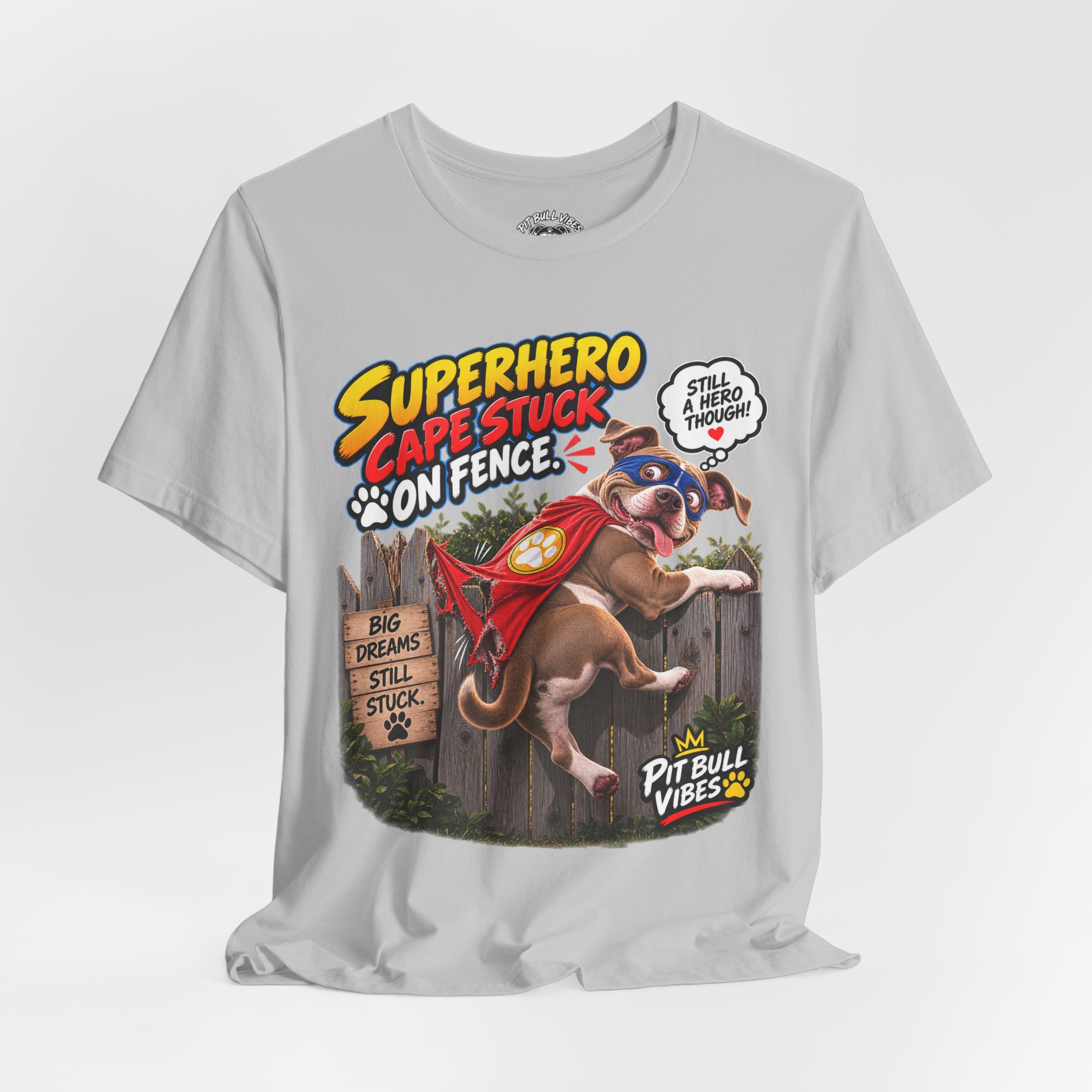 Superhero Cape Stuck on Fence Pit Bull T-Shirt – Funny Pitbull Rescue Graphic Tee - Image 12