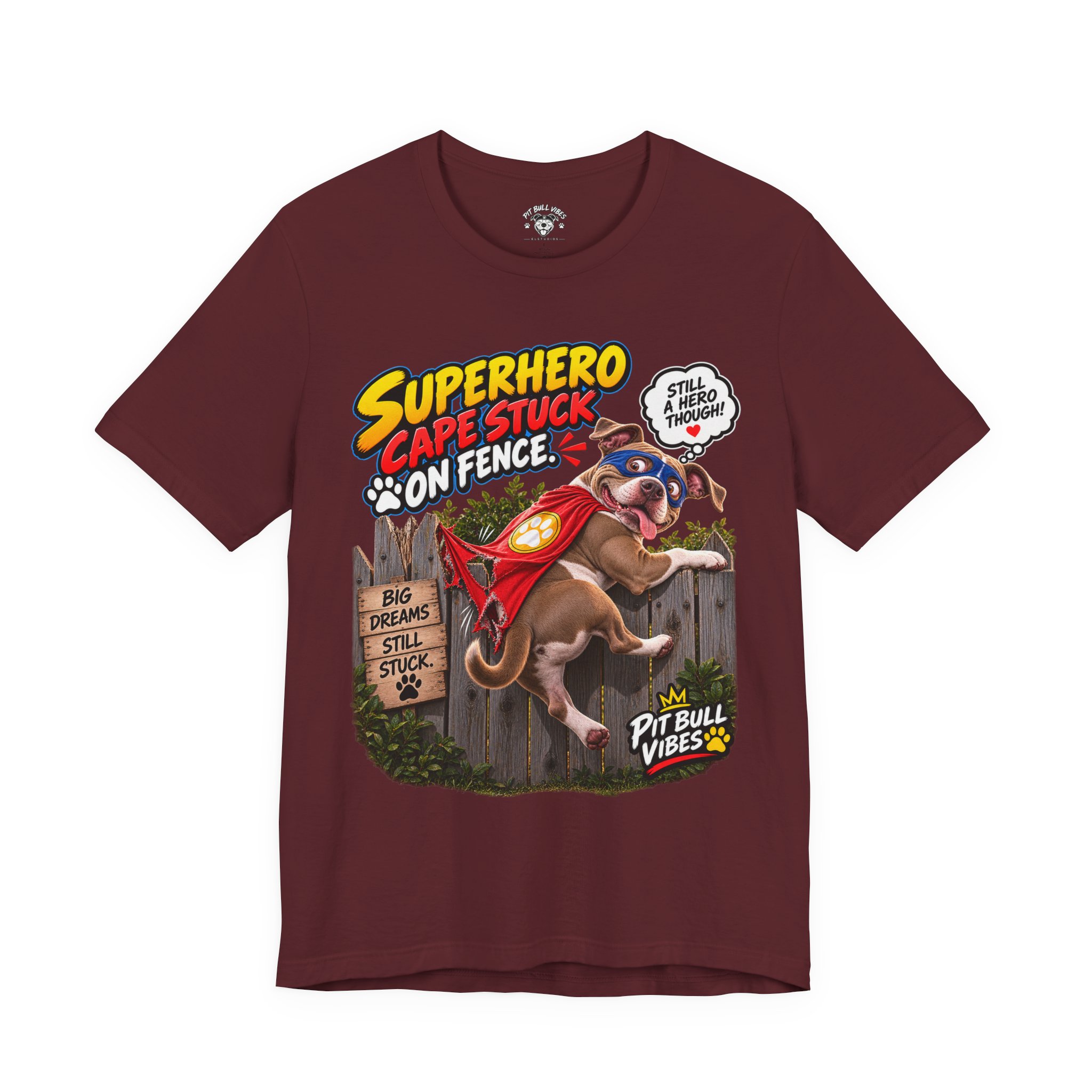 Superhero Cape Stuck on Fence Pit Bull T-Shirt – Funny Pitbull Rescue Graphic Tee - Image 29