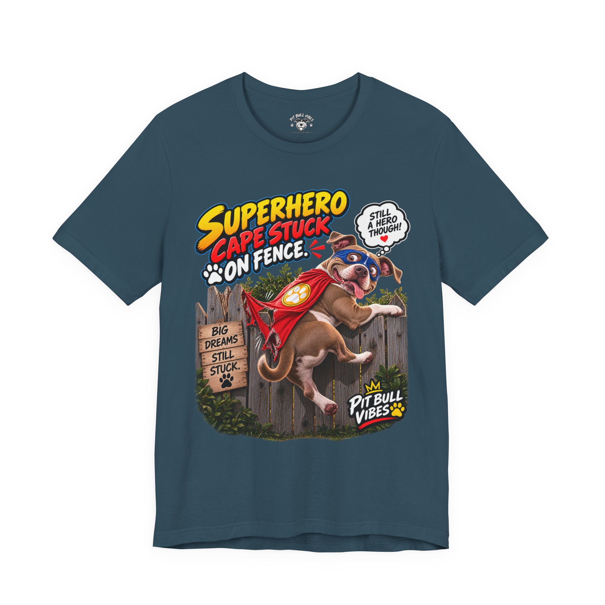 Superhero Cape Stuck on Fence Pit Bull T-Shirt – Funny Pitbull Rescue Graphic Tee - Image 21