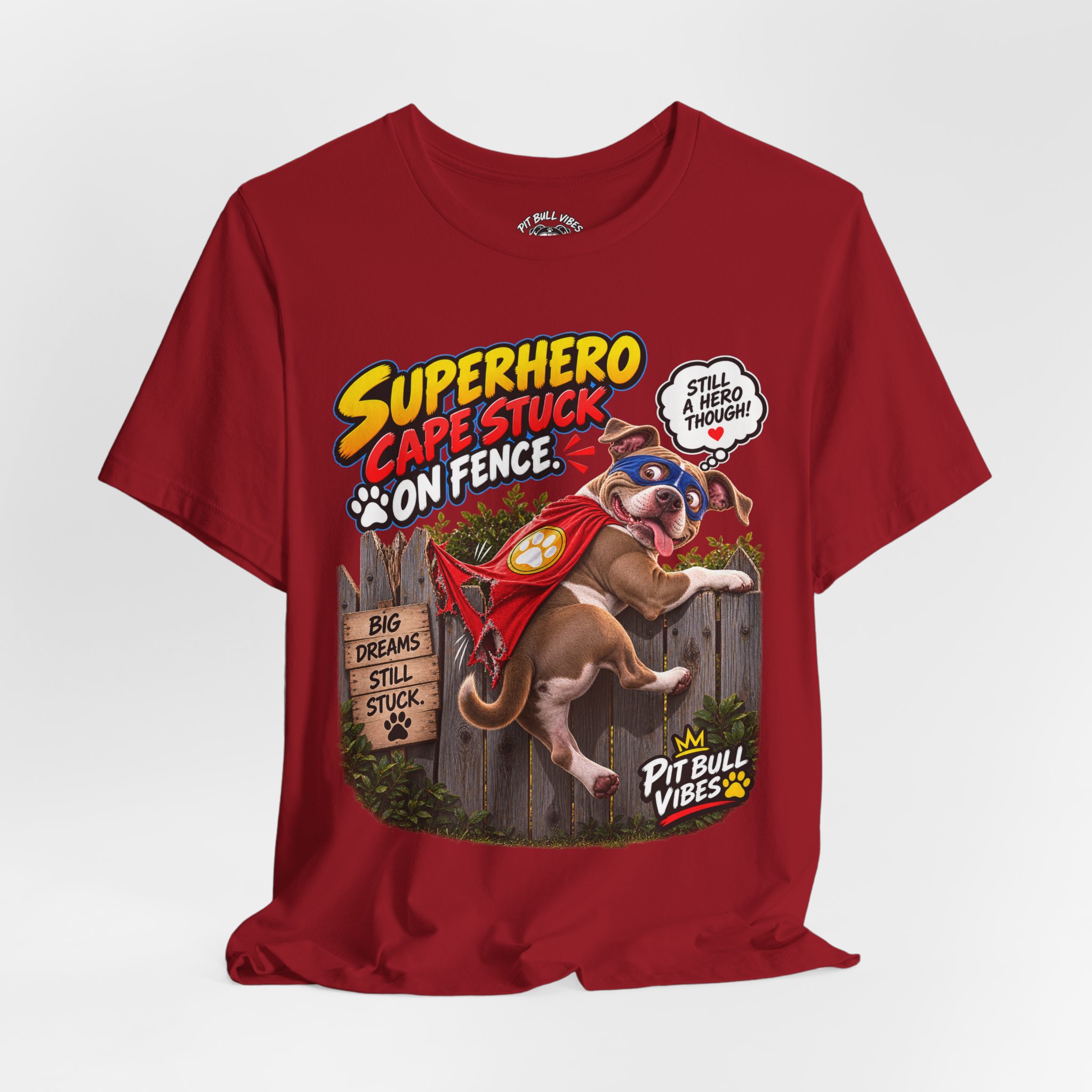 Superhero Cape Stuck on Fence Pit Bull T-Shirt – Funny Pitbull Rescue Graphic Tee - Image 40