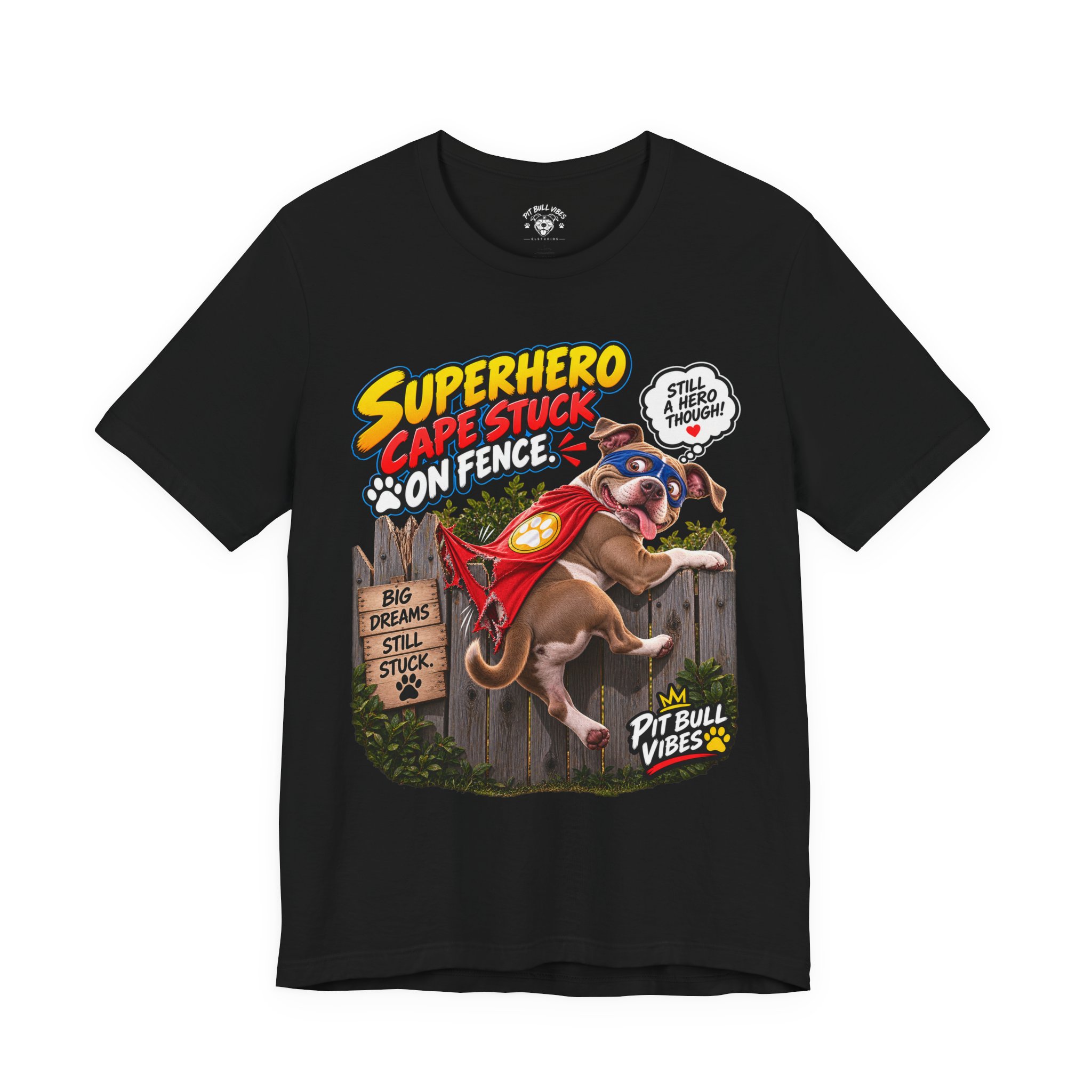 Superhero Cape Stuck on Fence Pit Bull T-Shirt – Funny Pitbull Rescue Graphic Tee - Image 13